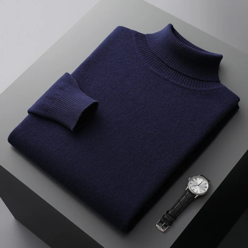 Autumn and winter new 100% pure merino wool pullover men's turtleneck cashmere sweater thickened warm loose solid color top