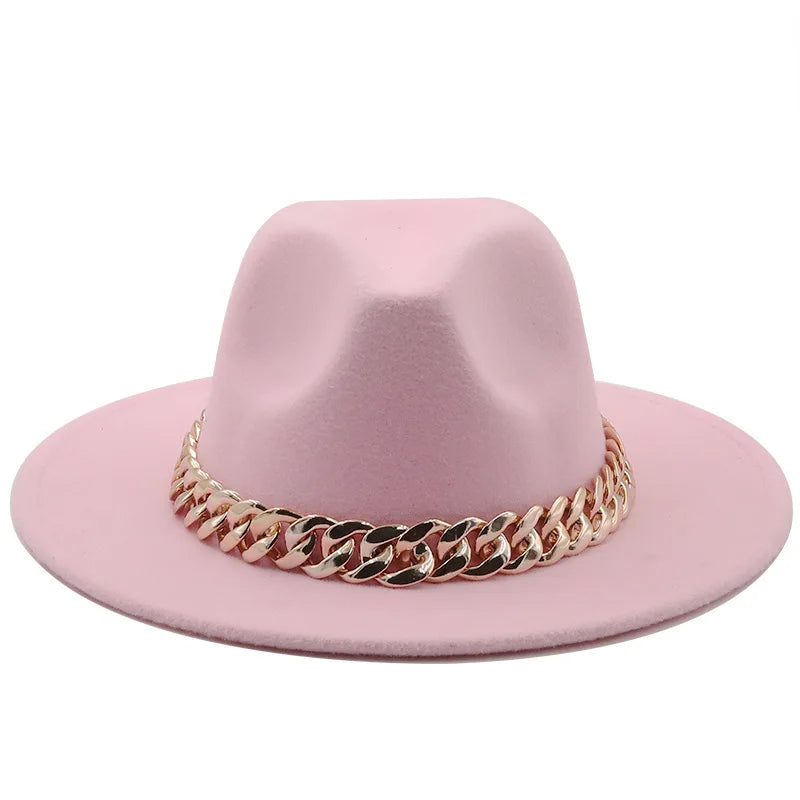 women fedoras golden chain fedora hat women men wide brim solid color jazz top hat autumn winter new Panama hat gentleman hat