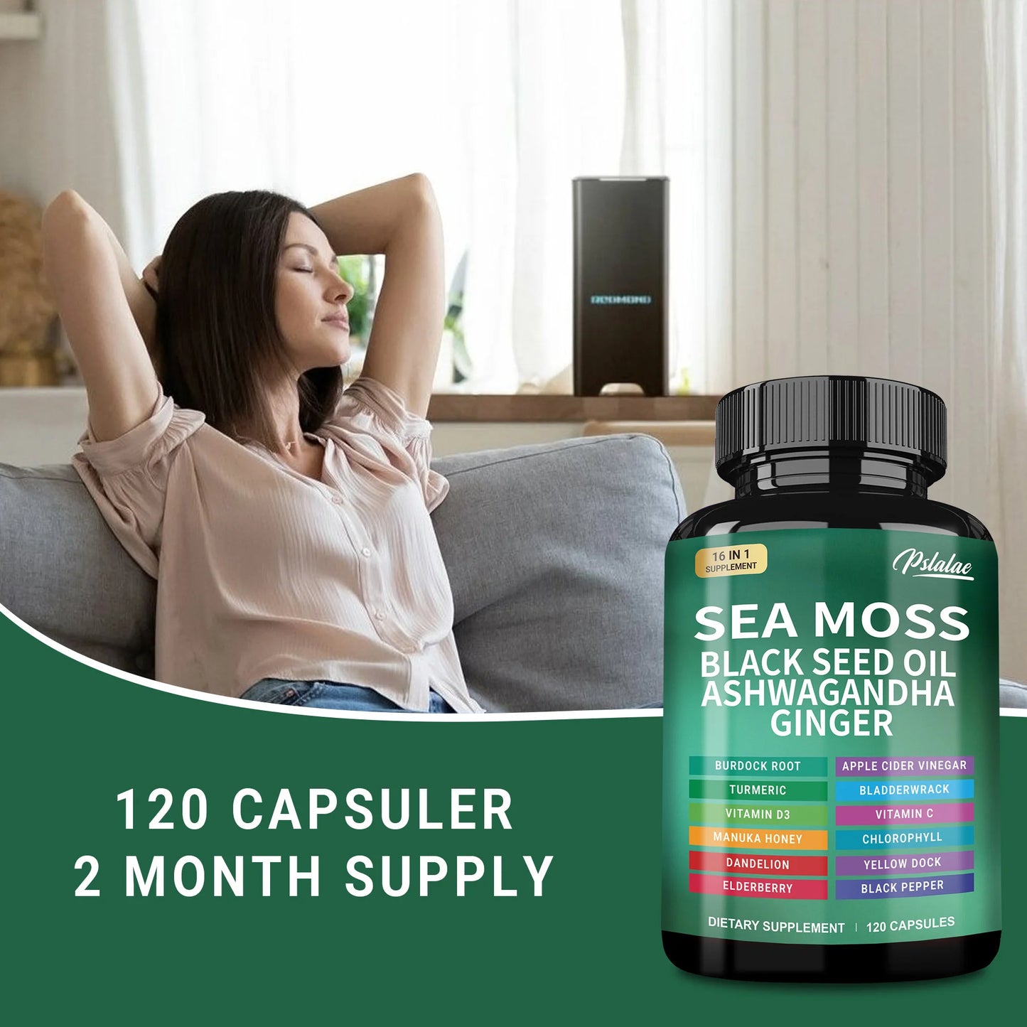 Sea Moss | Black Seed Oil | Ashwagandha | Ginger - Immune System Energy Gut Health Skin & Joint Support | 120 Capsules