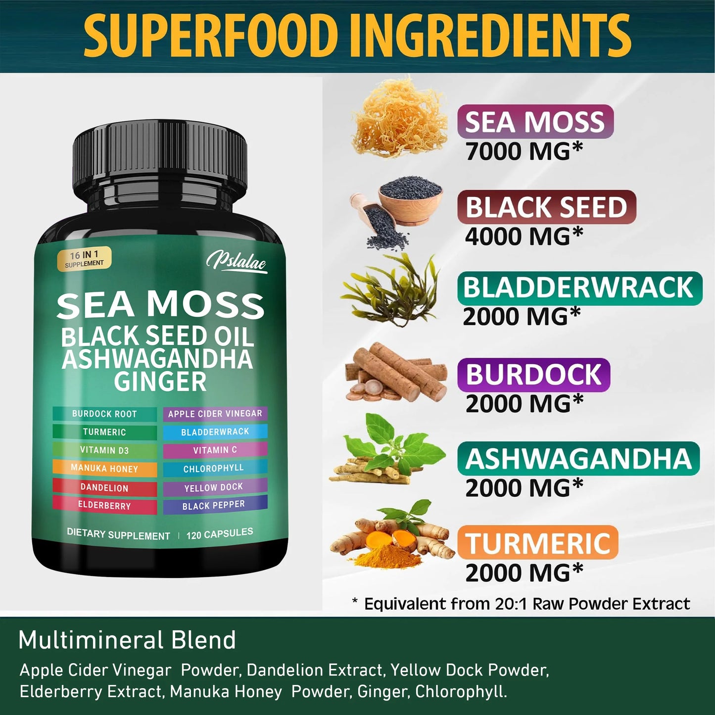 Sea Moss | Black Seed Oil | Ashwagandha | Ginger - Immune System Energy Gut Health Skin & Joint Support | 120 Capsules