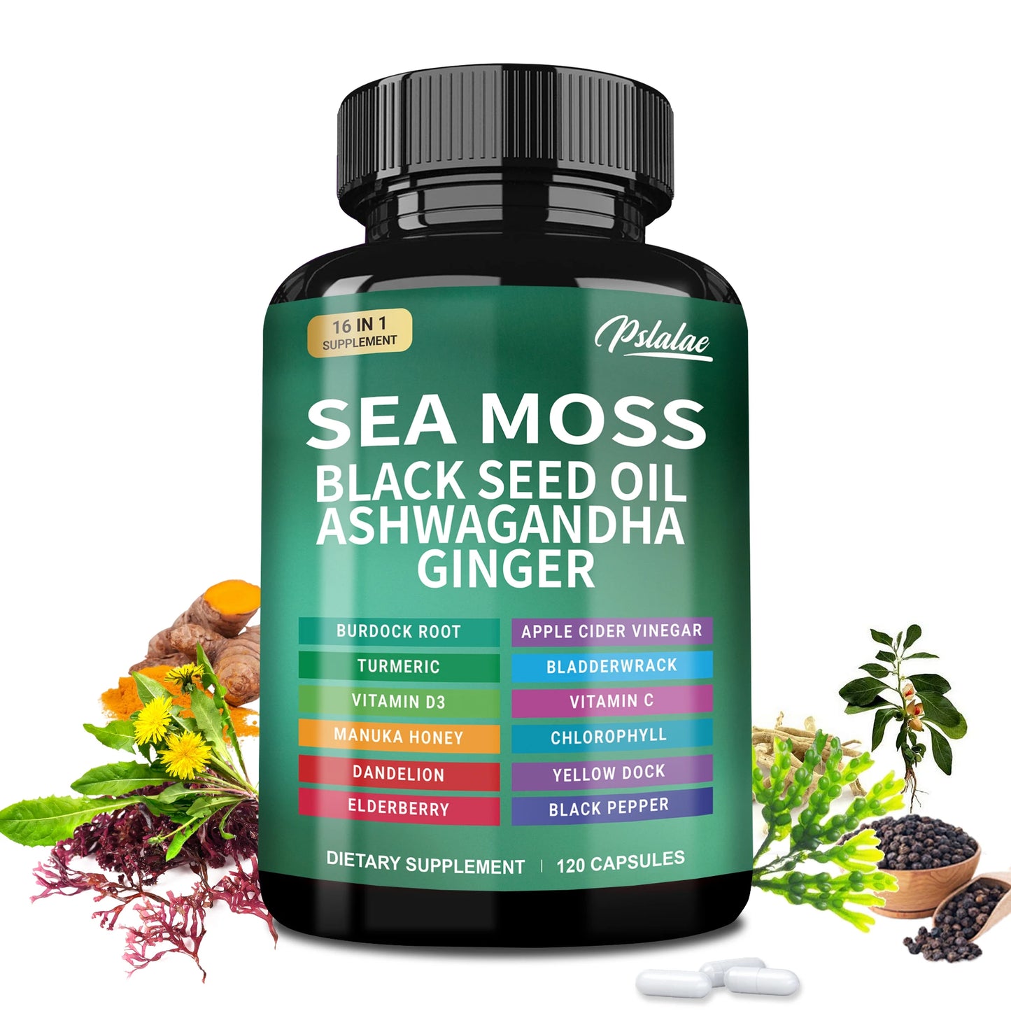 Sea Moss | Black Seed Oil | Ashwagandha | Ginger - Immune System Energy Gut Health Skin & Joint Support | 120 Capsules