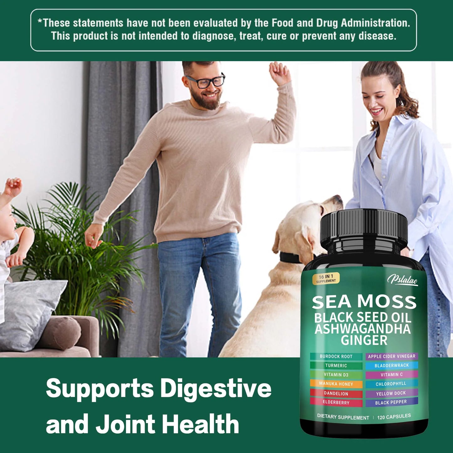 Sea Moss | Black Seed Oil | Ashwagandha | Ginger - Immune System Energy Gut Health Skin & Joint Support | 120 Capsules