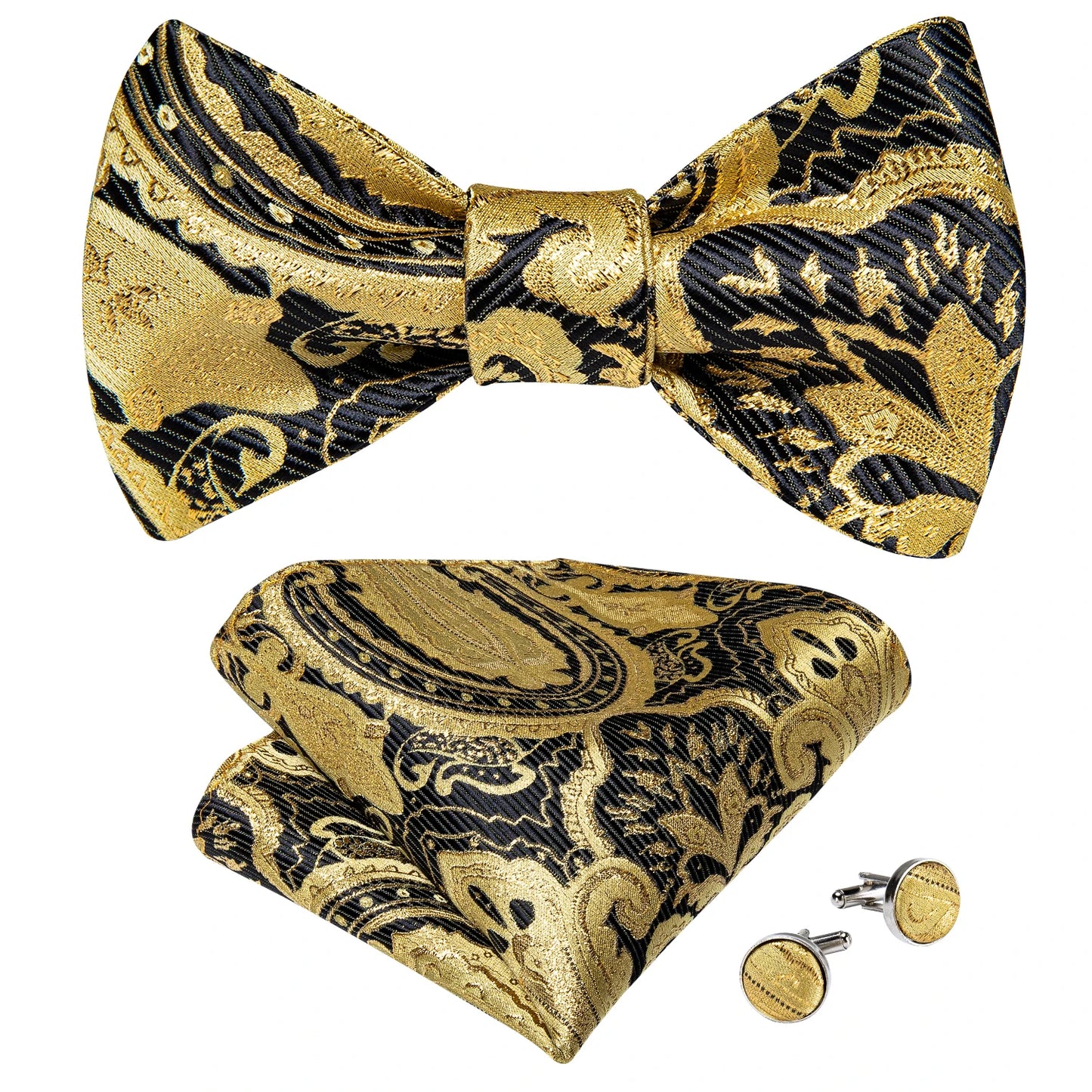 Luxury Gold Black Paisley Self Tie Men's Bow Tie Silk Woven Wedding Party Butterfly Ties Hanky Brooch Pin Set Tuxedo Bow DiBanGu