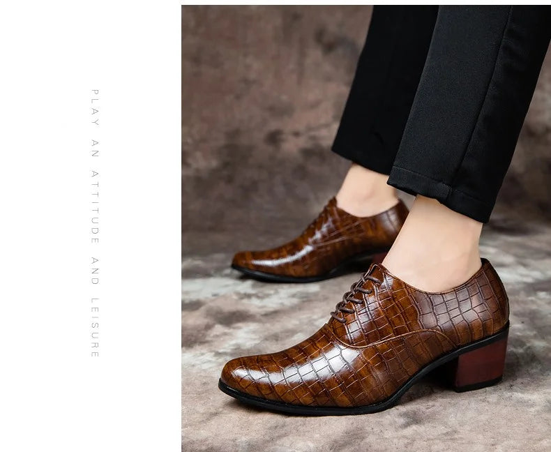 New Crocodile Increase Men's Heel Shoes Formal Leather Brown Men Loafers Dress Shoes Fashion Mens Casual Shoes Zapatos Hombre