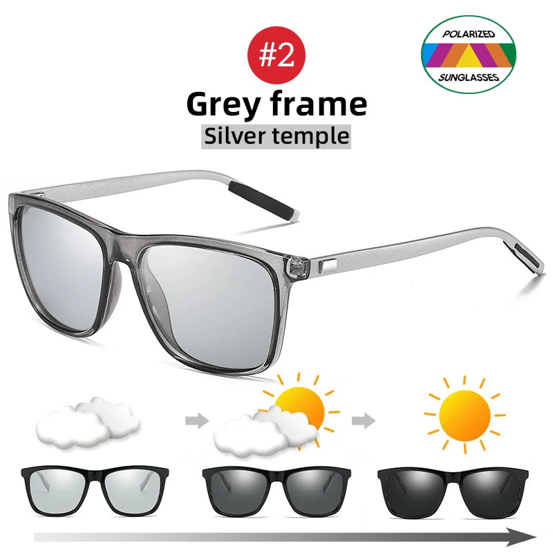 Color Change Grey Frame Photochromic Polarized Sunglasses Men Square Classic Chameleon Glaases Transition Lens Eyewear