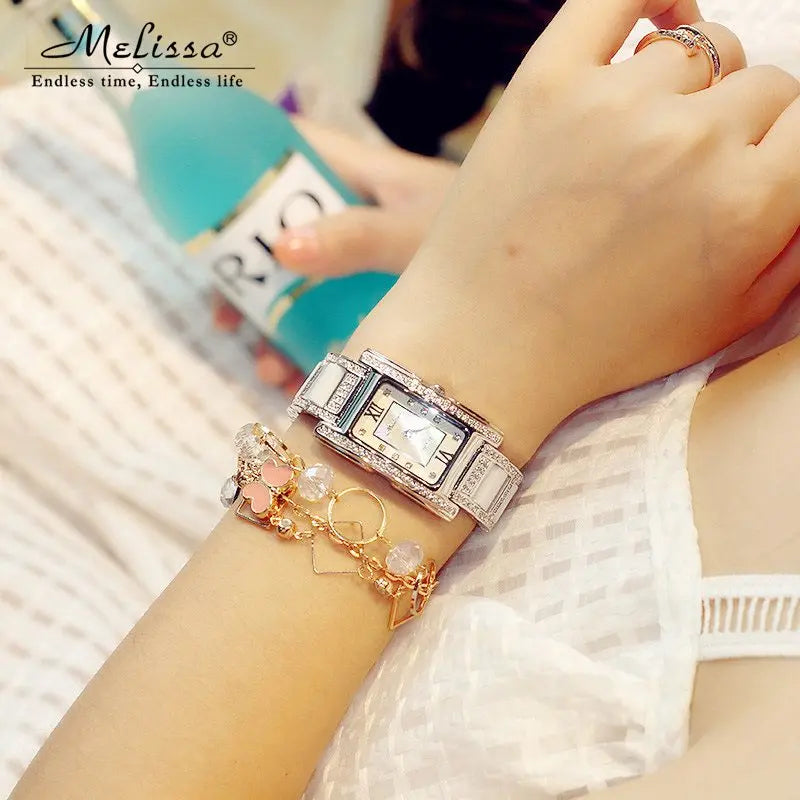 SALE!!! Discount Melissa Crystal Rhinestones Lady Women's Watch Japan Mov't Fashion Hours Ceramic Bracelet Girl's Gift Box