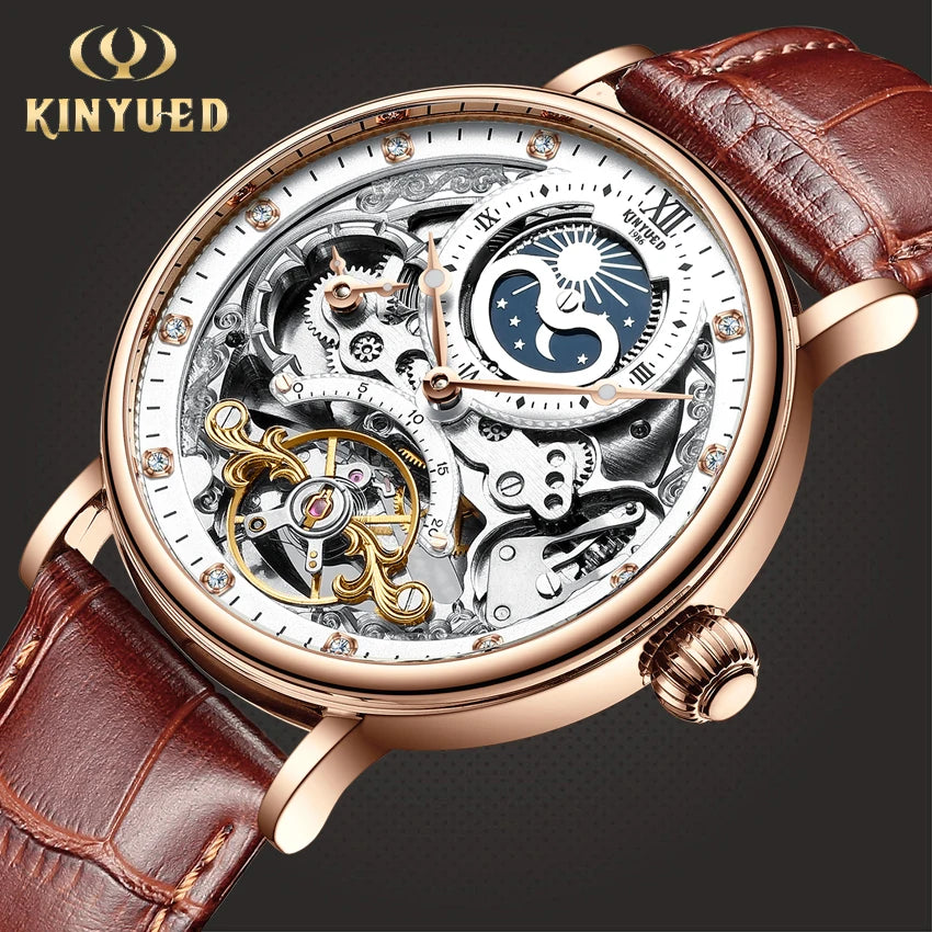 KINYUED Moon Phase Men's Automatic Mechanical Watch 3Bar Waterproof Dual Time Zone Display Casual Wristatches Man Clock Relogio