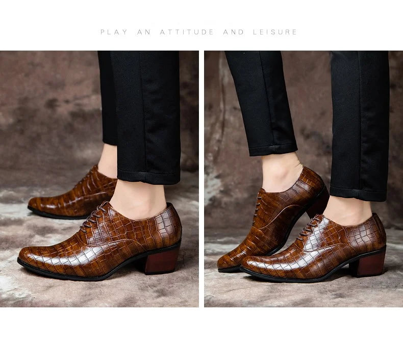 New Crocodile Increase Men's Heel Shoes Formal Leather Brown Men Loafers Dress Shoes Fashion Mens Casual Shoes Zapatos Hombre