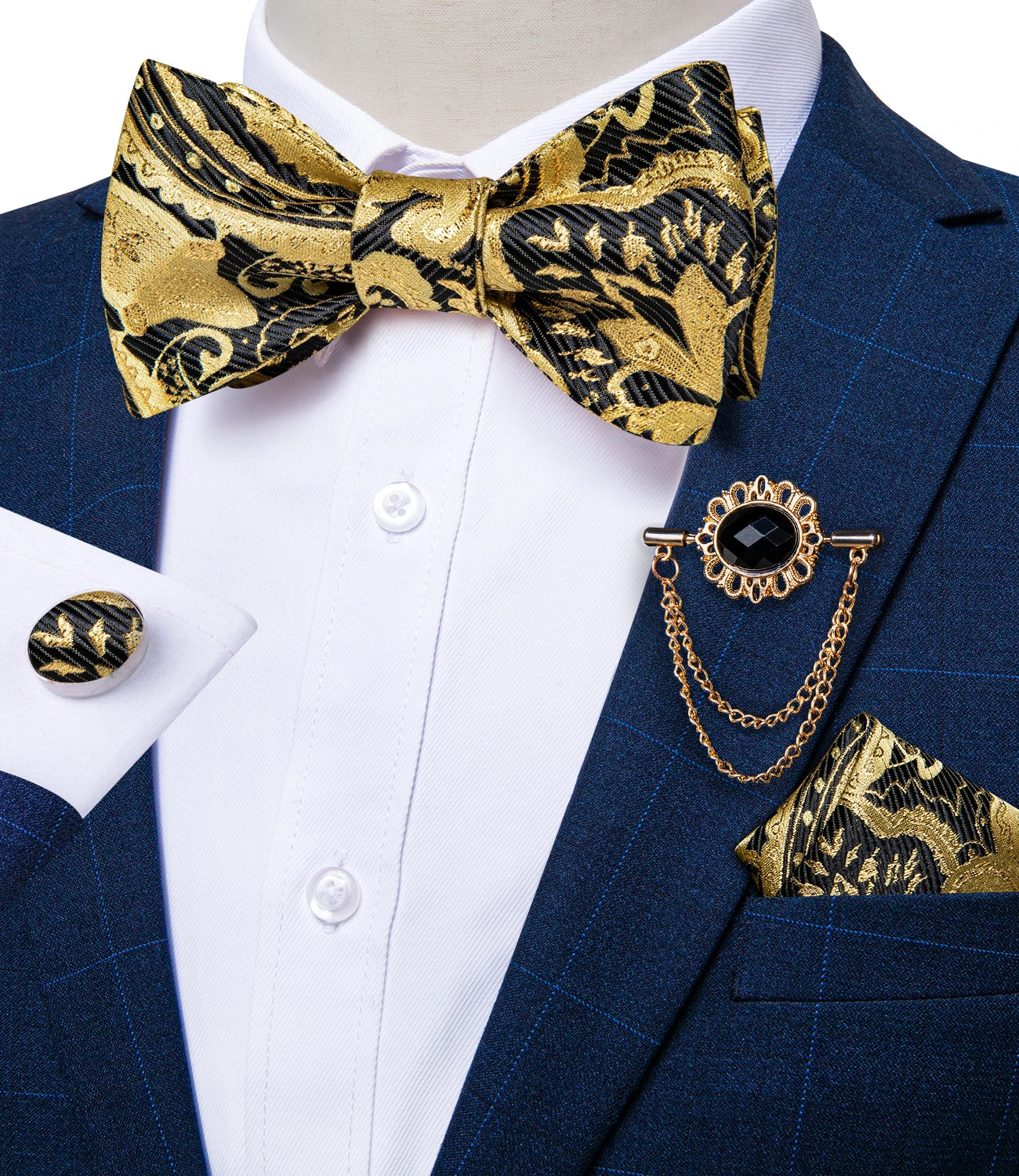 Luxury Gold Black Paisley Self Tie Men's Bow Tie Silk Woven Wedding Party Butterfly Ties Hanky Brooch Pin Set Tuxedo Bow DiBanGu