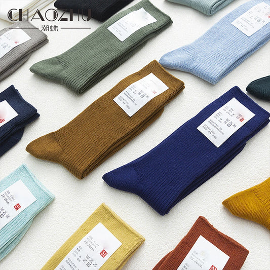 CHAOZHU Japanese Double Needles Cotton Knitting Rib Thin Business Cotton Long Men's Socks Stretch Casual Daily Basic Brand Socks