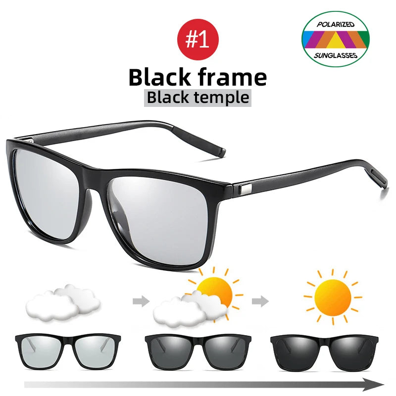 Color Change Grey Frame Photochromic Polarized Sunglasses Men Square Classic Chameleon Glaases Transition Lens Eyewear