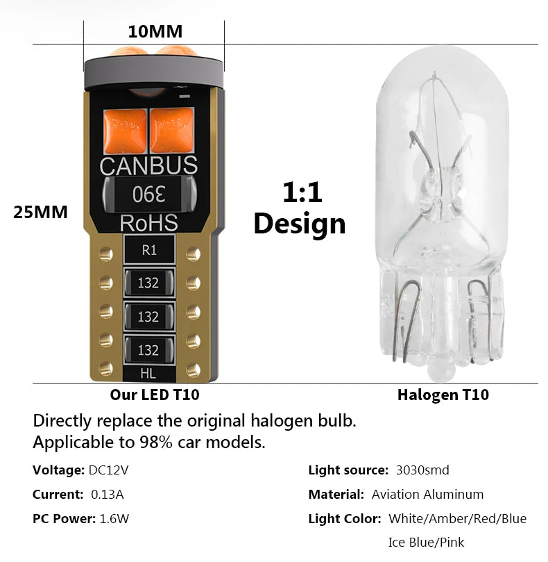 10PCS T10 W5W LED Bulbs Canbus 3030 6 LED Chips 12V For Car License Plate Light Interior Dome lights Reading Lamp 6000K White