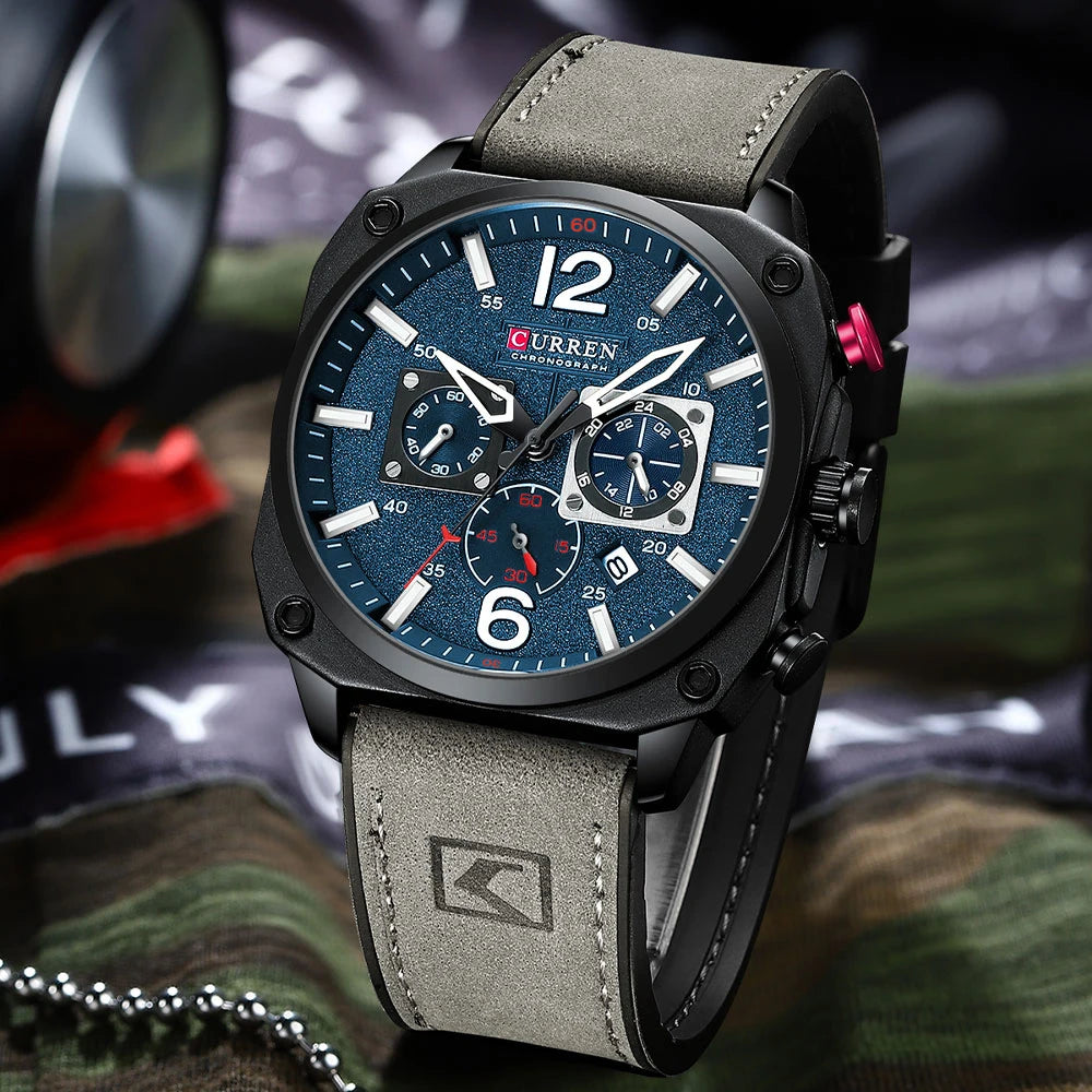 CURREN Brand Luxury Men Brown Quartz Wristwatches for Male Luminous Chronograph Dial Leather Clock Casual Sports Watch