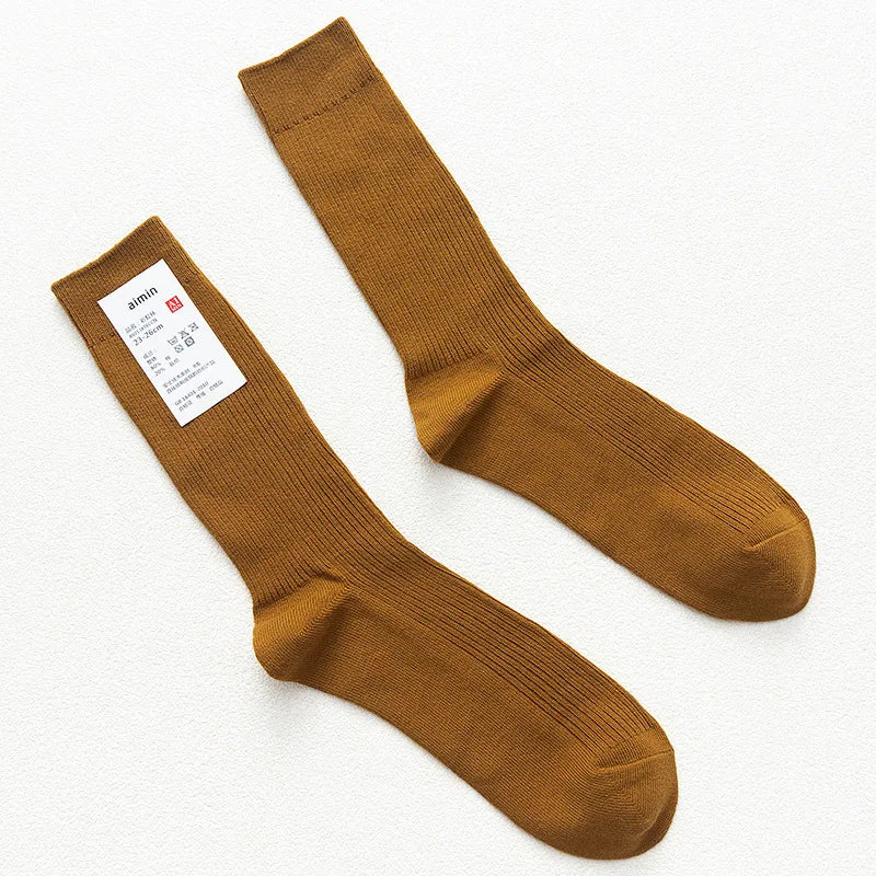 CHAOZHU Japanese Double Needles Cotton Knitting Rib Thin Business Cotton Long Men's Socks Stretch Casual Daily Basic Brand Socks