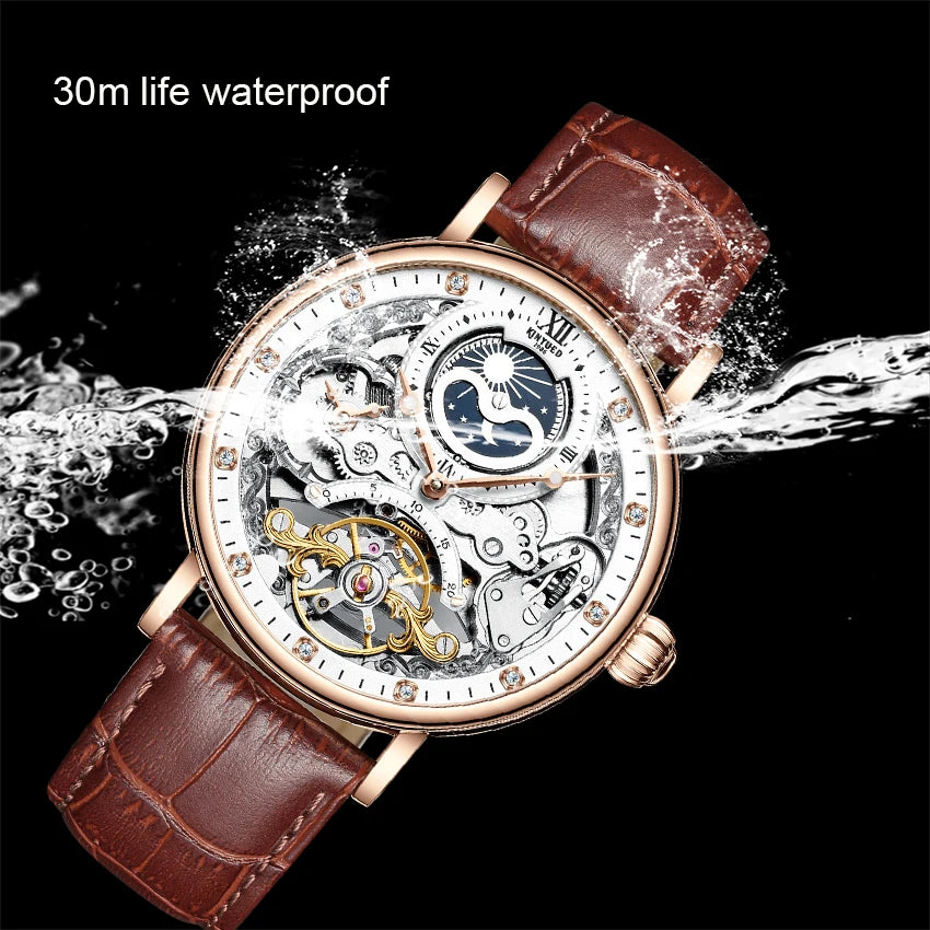 KINYUED Moon Phase Men's Automatic Mechanical Watch 3Bar Waterproof Dual Time Zone Display Casual Wristatches Man Clock Relogio