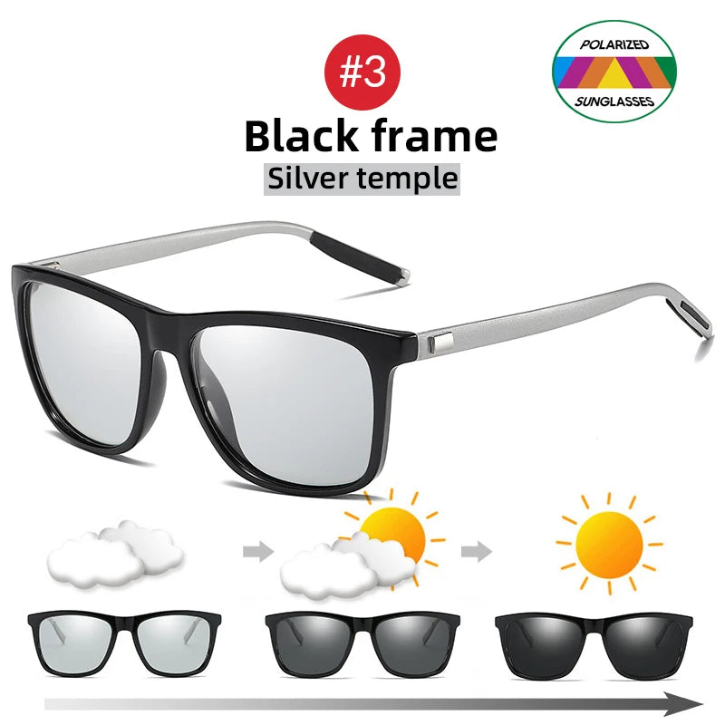 Color Change Grey Frame Photochromic Polarized Sunglasses Men Square Classic Chameleon Glaases Transition Lens Eyewear