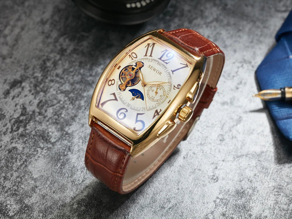 SEWOR Mechanical Watches Fashion Men Watches Tonneau Dial Tourbillon Automatic Mechanical Watch Men Moon Phase reloj hombre