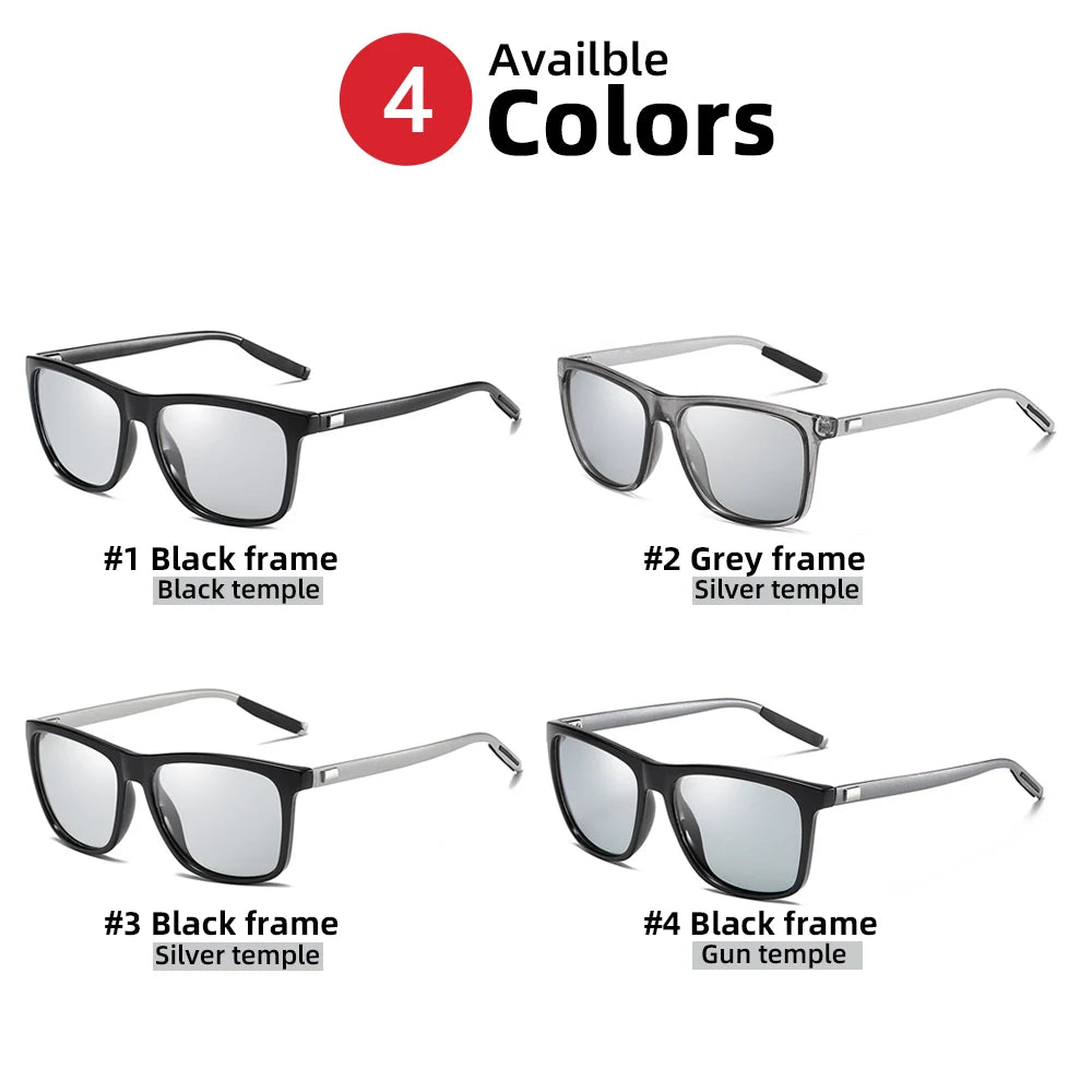 Color Change Grey Frame Photochromic Polarized Sunglasses Men Square Classic Chameleon Glaases Transition Lens Eyewear