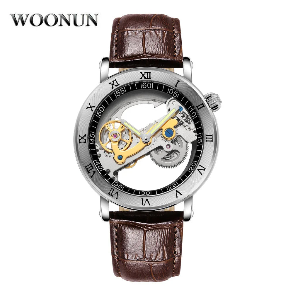 Top Mechanical Mens Watches Men Unique Transparent Hollow Automatic Self Wind Watches Stainless Steel Tourbillon Watches Stocks