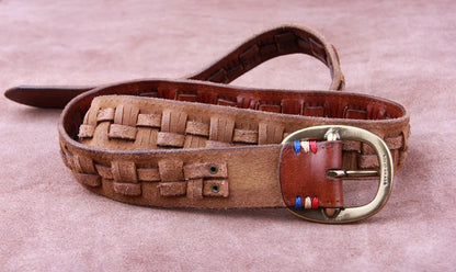 Vintage Luxury Handmade Leather Weave Copper Buckle Men's Belt Cowhide Retro All-match Casual Jeans Soft Belt