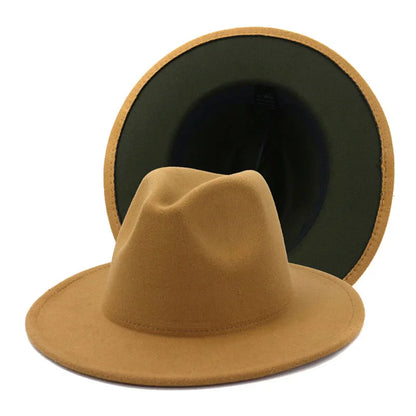QBHAT Olive Green with Tan Bottom Patchwork Two Tone Color Wool Felt Jazz Fedora Hats Women Men Party Festival Formal Hat
