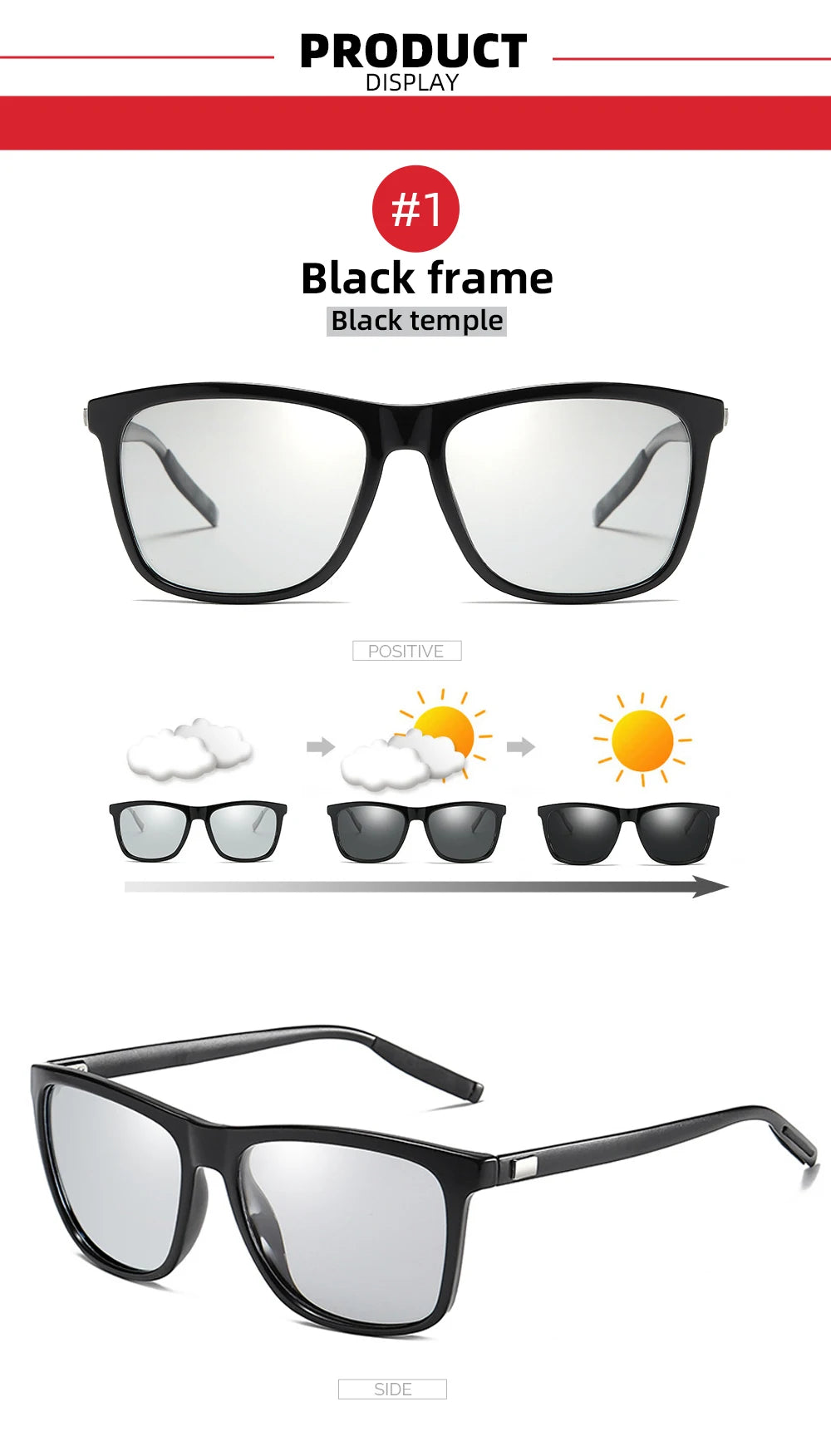 Color Change Grey Frame Photochromic Polarized Sunglasses Men Square Classic Chameleon Glaases Transition Lens Eyewear