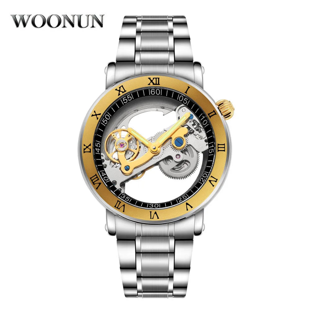 Top Mechanical Mens Watches Men Unique Transparent Hollow Automatic Self Wind Watches Stainless Steel Tourbillon Watches Stocks