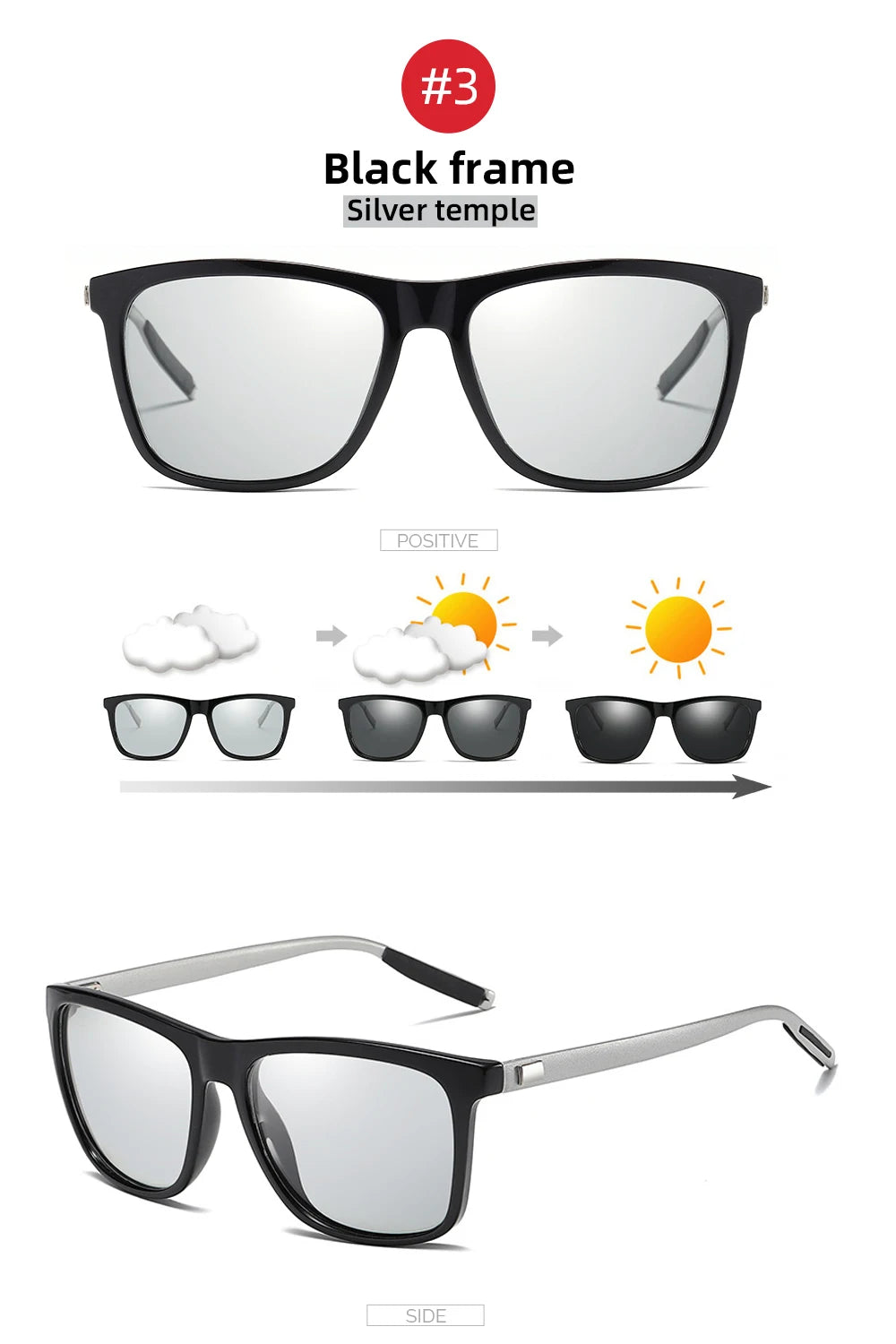 Color Change Grey Frame Photochromic Polarized Sunglasses Men Square Classic Chameleon Glaases Transition Lens Eyewear