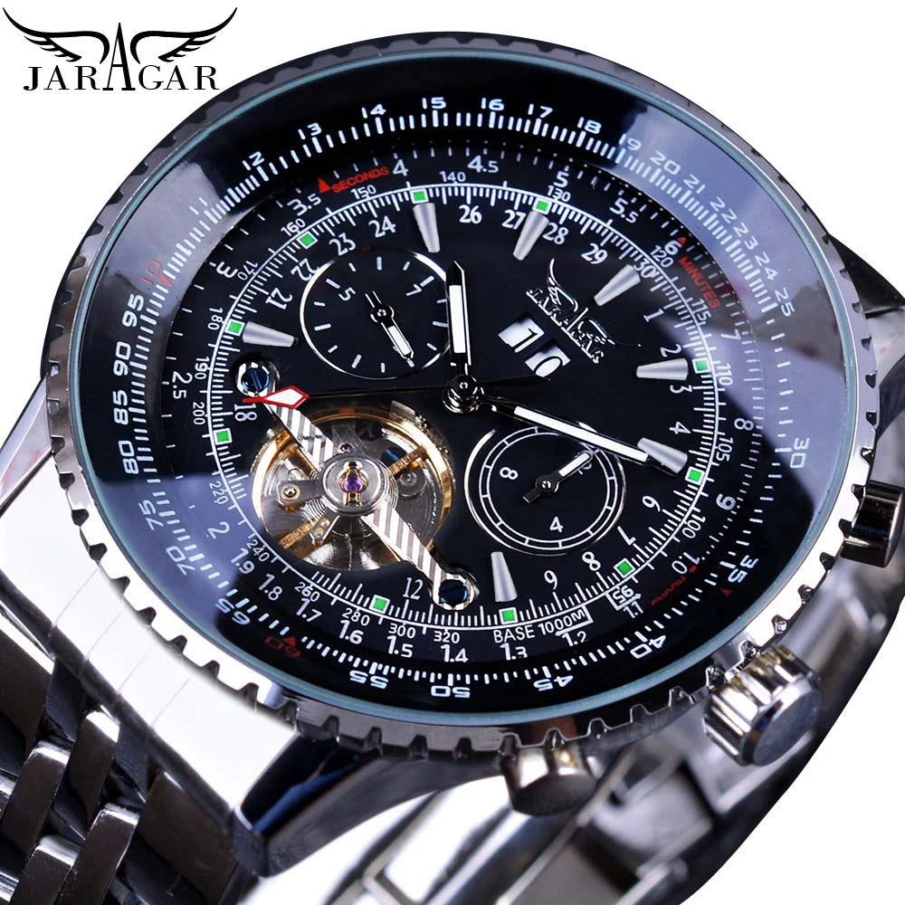 Jaragar Classic Tourbillon Men Mechanical Watch White Automatic Calendar Big Dial Stainless Steel Band Military Pilot Wristwatch