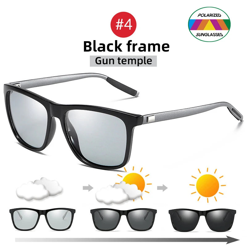 Color Change Grey Frame Photochromic Polarized Sunglasses Men Square Classic Chameleon Glaases Transition Lens Eyewear