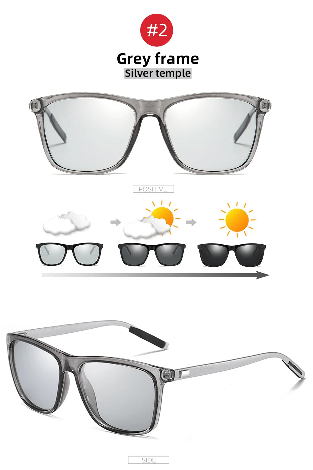 Color Change Grey Frame Photochromic Polarized Sunglasses Men Square Classic Chameleon Glaases Transition Lens Eyewear