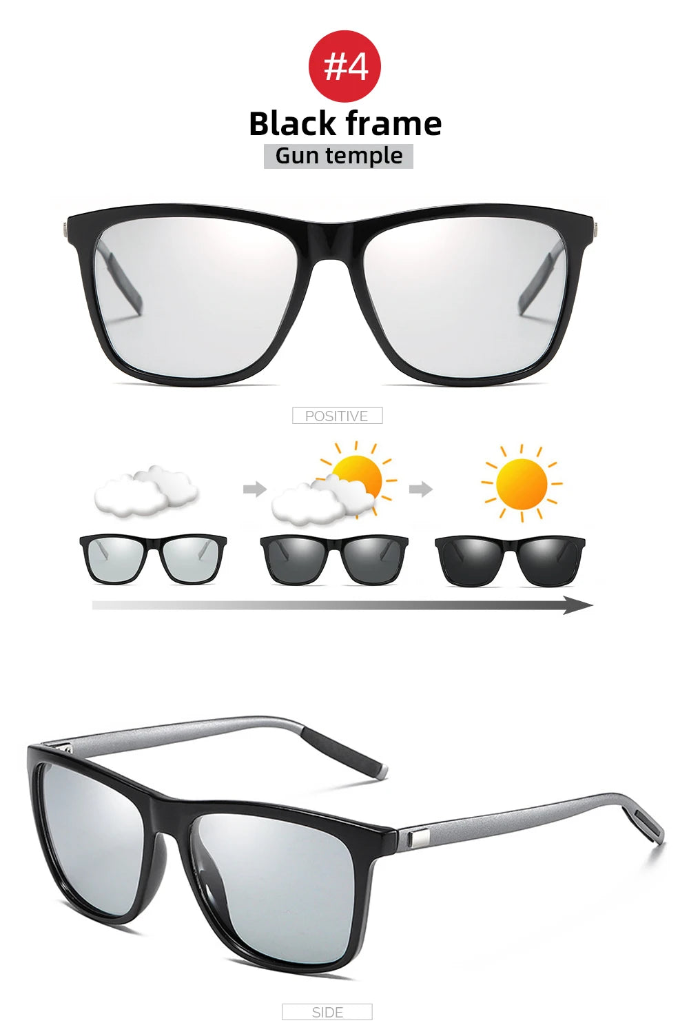 Color Change Grey Frame Photochromic Polarized Sunglasses Men Square Classic Chameleon Glaases Transition Lens Eyewear