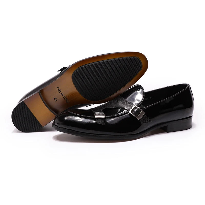 FELIX CHU Brand Patent Leather Mens Loafers Wedding Party Dress Shoes Black Green Monk Strap Casual Fashion Men Slip-On Shoes