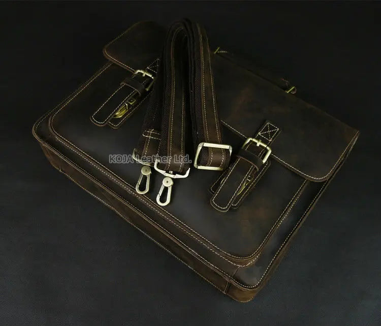 Vintage Crazy Horse Genuine Leather Men Briefcase 15" Laptop Bag Work Business Bag Shoulder Messenger Bag Male Tote Handbag