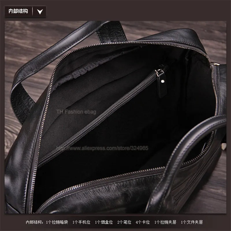 Luxury Men Genuine Leather Briefcase Business bag Leather Laptop Bag 15.6"inch Office Bag Briefcase male portfolio men Black