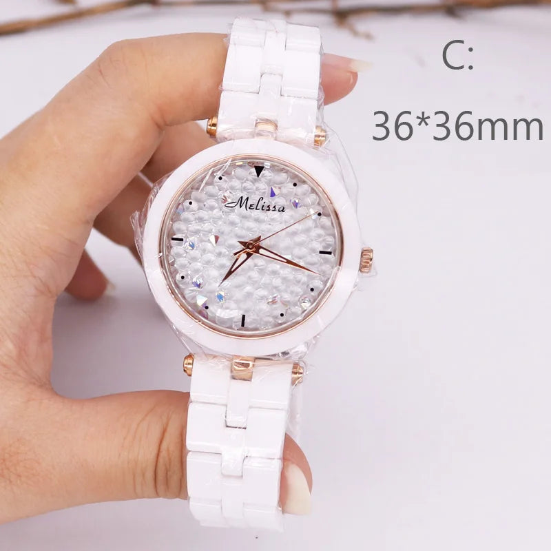 SALE!!! Discount Melissa Crystal Rhinestones Lady Women's Watch Japan Mov't Fashion Hours Ceramic Bracelet Girl's Gift Box