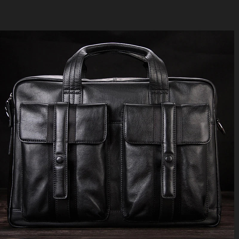 Luxury Men Genuine Leather Briefcase Business bag Leather Laptop Bag 15.6"inch Office Bag Briefcase male portfolio men Black