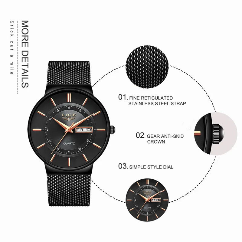 LIGE Mens Watches Top Brand Luxury Waterproof Ultra Thin Date Clock Male Steel Strap Casual Quartz Watch Men Sports Wrist Watch