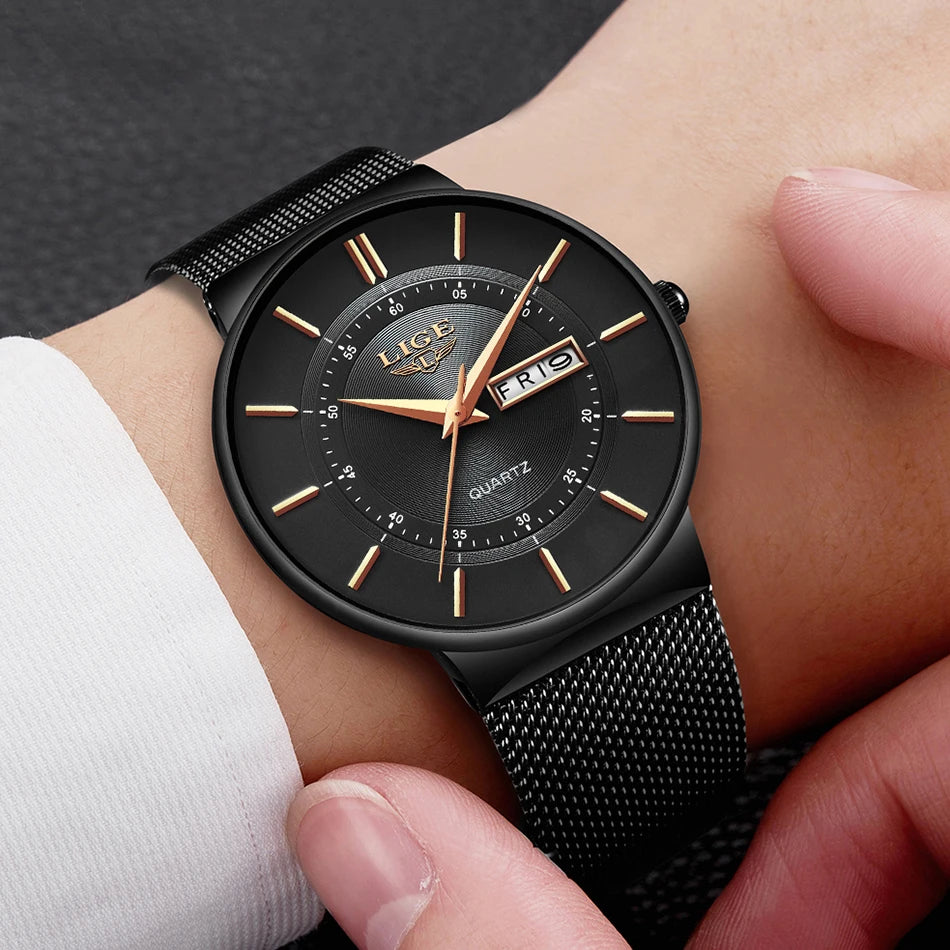 LIGE Mens Watches Top Brand Luxury Waterproof Ultra Thin Date Clock Male Steel Strap Casual Quartz Watch Men Sports Wrist Watch