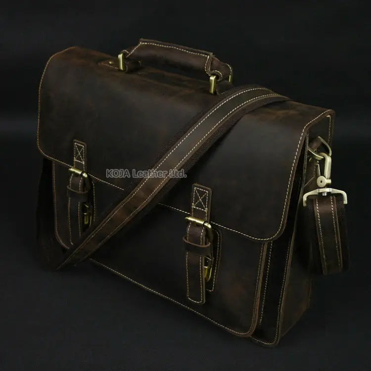 Vintage Crazy Horse Genuine Leather Men Briefcase 15" Laptop Bag Work Business Bag Shoulder Messenger Bag Male Tote Handbag