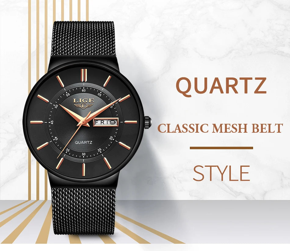 LIGE Mens Watches Top Brand Luxury Waterproof Ultra Thin Date Clock Male Steel Strap Casual Quartz Watch Men Sports Wrist Watch