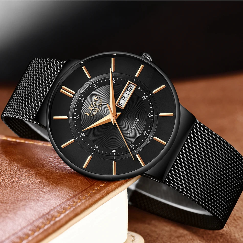 LIGE Mens Watches Top Brand Luxury Waterproof Ultra Thin Date Clock Male Steel Strap Casual Quartz Watch Men Sports Wrist Watch