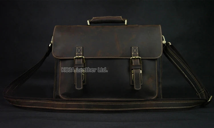 Vintage Crazy Horse Genuine Leather Men Briefcase 15" Laptop Bag Work Business Bag Shoulder Messenger Bag Male Tote Handbag