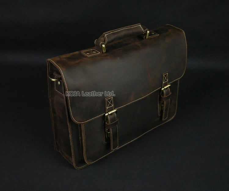 Vintage Crazy Horse Genuine Leather Men Briefcase 15" Laptop Bag Work Business Bag Shoulder Messenger Bag Male Tote Handbag