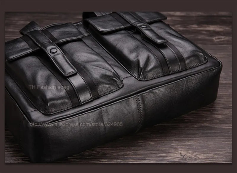 Luxury Men Genuine Leather Briefcase Business bag Leather Laptop Bag 15.6"inch Office Bag Briefcase male portfolio men Black