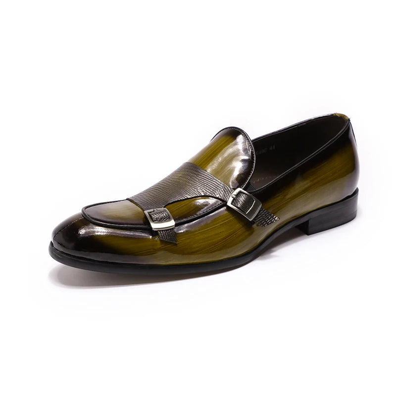 FELIX CHU Brand Patent Leather Mens Loafers Wedding Party Dress Shoes Black Green Monk Strap Casual Fashion Men Slip-On Shoes