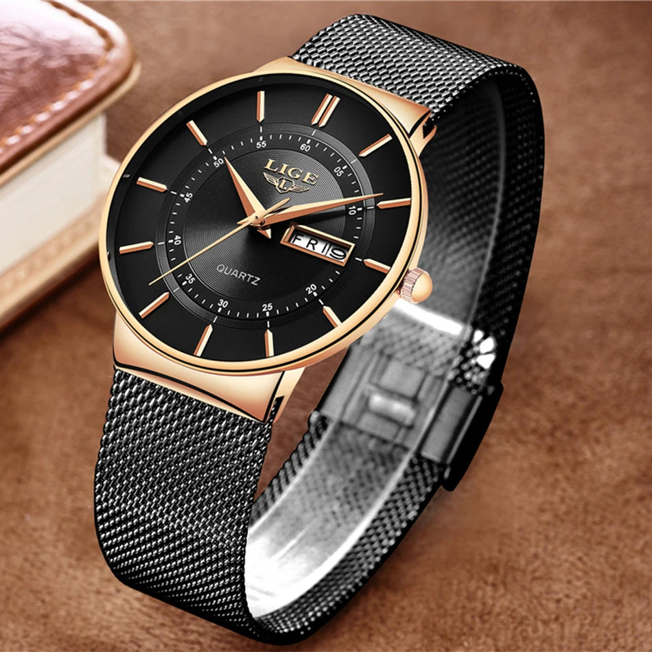 LIGE Mens Watches Top Brand Luxury Waterproof Ultra Thin Date Clock Male Steel Strap Casual Quartz Watch Men Sports Wrist Watch