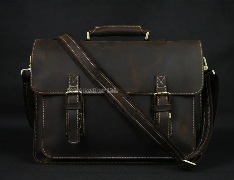 Vintage Crazy Horse Genuine Leather Men Briefcase 15" Laptop Bag Work Business Bag Shoulder Messenger Bag Male Tote Handbag