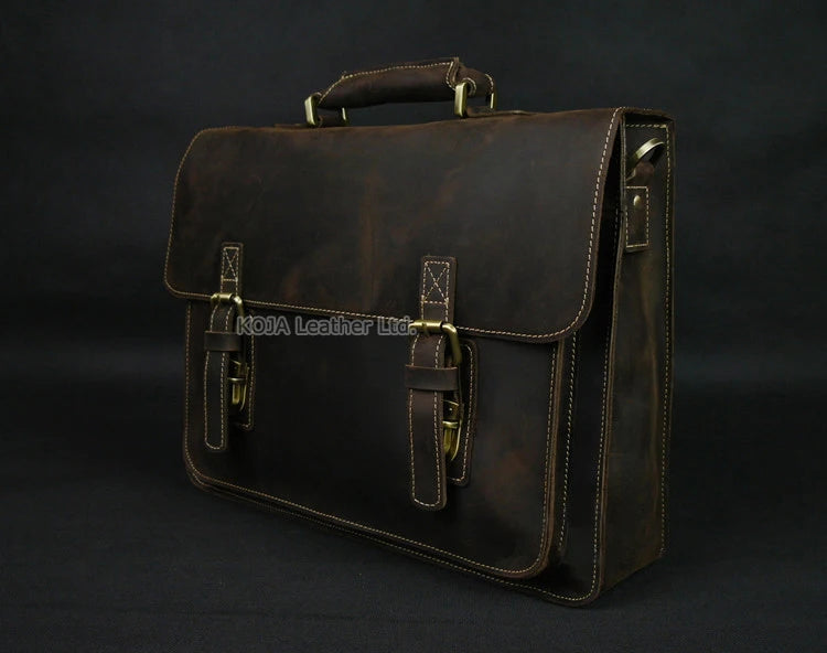 Vintage Crazy Horse Genuine Leather Men Briefcase 15" Laptop Bag Work Business Bag Shoulder Messenger Bag Male Tote Handbag