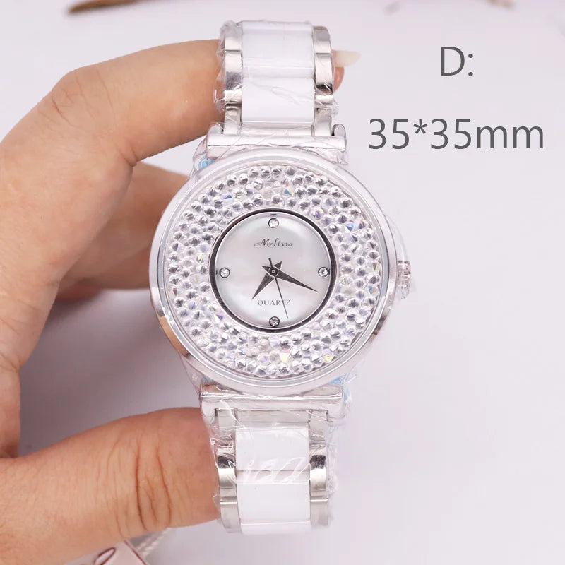 SALE!!! Discount Melissa Crystal Rhinestones Lady Women's Watch Japan Mov't Fashion Hours Ceramic Bracelet Girl's Gift Box